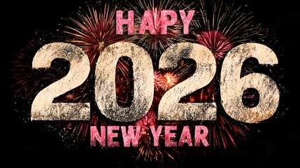 Sparkling gold 2026 new year greeting card with fireworks display against a dark sky announces a celebratory and festive occasion.