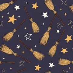 Broom pattern with stars on dark background for halloween holiday decoration