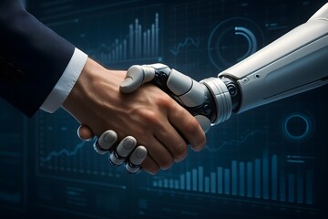 AI Business Partnership Human and Robot Handshake with Data Visualization Background  Collaboration, Technology, Future.