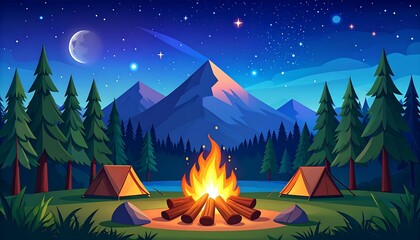 Tranquil night scene of camping beneath a starry sky surrounded by nature