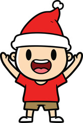 Cheering Cartoon Boy Vector in Santa Hat, Joyful Child Character with Raised Hands for Christmas Event