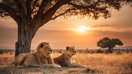 Majestic Lion Pair Resting Under a Tree at Golden Sunset in African Savanna.