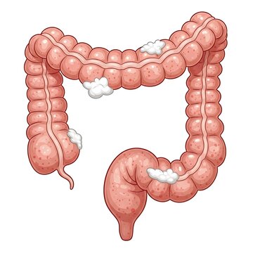 Illustration of the human colon with diverticula and inflammation.