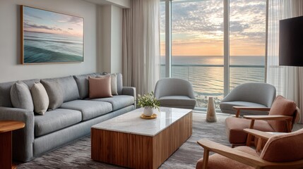 Fototapeta premium Modern Ocean View Living Room with Cozy Furniture, Scenic Sunset, and Minimalist Decor in Contemporary Interior Design