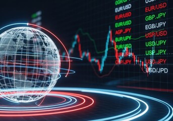 Global financial market with digital globe and currency exchange rates on a futuristic interface