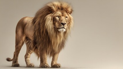 Obraz premium Majestic Lion Standing Tall with Golden Mane on a Neutral Background.