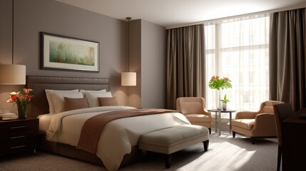 Fototapeta premium Cozy and Modern Hotel Room Featuring Elegant Décor, Soft Lighting, and Comfortable Furniture for a Relaxing Getaway Experience