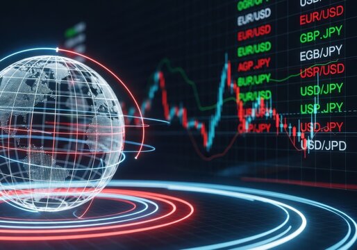 Global financial market with digital globe and currency exchange rates on a futuristic interface