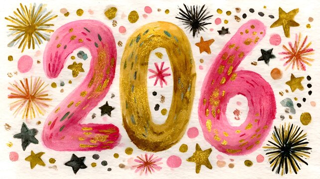 A festive watercolor painting depicts the numbers 206 in pink and gold surrounded by stars and polka dots for a celebratory design. - Powered by Adobe