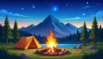 Tranquil campsite under starry skies, mountain backdrop and cozy fire place