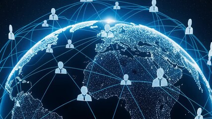 A global network of connected user icons spans across the glowing digital Earth. - Powered by Adobe