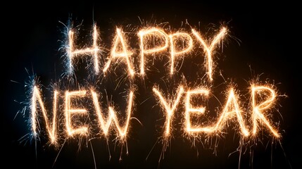 Sparkling bright lights spell out "Happy New Year" against a dark background in a festive holiday celebration announcement design element.