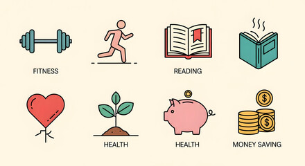Colorful linear icons representing healthy lifestyle choices and positive habits like fitness, reading, well-being, and financial savings for a balanced life