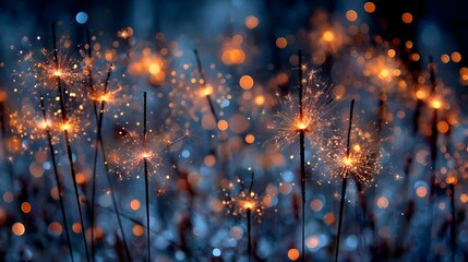 Golden sparklers create glitte light against a dark blue background in celebration and joyous festive holiday occasion at night time.