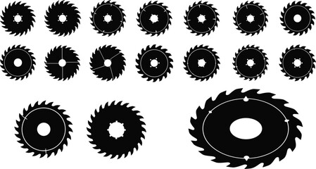 Circular saw blades silhouettes, diverse metal disc shapes, wood cutting tool, industry, construction, sharp, black vector icon collection.