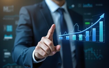 Business development to success and growth of banking and financial on global network. Financial graph. Stock market chart. Businessman pointing arrow graph corporate future growth plan. High quality