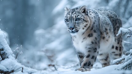 Obraz premium Majestic Snow Leopard Prowling Through a Winter Wonderland.