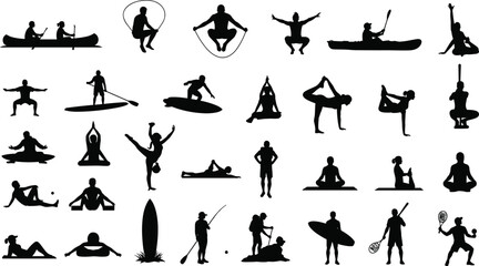Diverse fitness and sports silhouettes, yoga, surfing, kayaking, tennis, skipping rope, outdoor activities, black vector illustration collection.