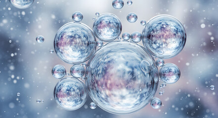 Abstract background of swirling cosmic bubbles, celestial spheres, and swirling nebulae in shades of blue and purple, evoking a sense of wonder and the vastness of the universe