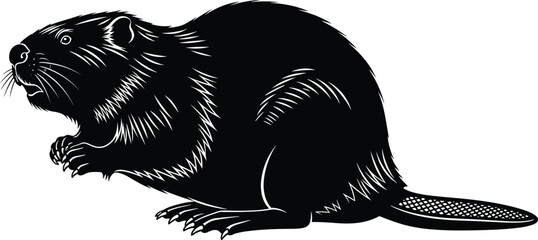 Highly Detailed Black and White Beaver Vector Illustration, Rodent Animal with Flat Tail, Mammal Side View Graphic Design Isolated on White Background for Logo, Emblem, or Mascot Artwork