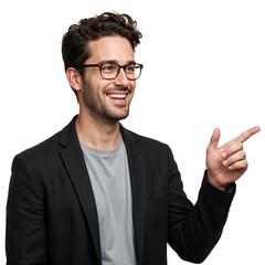 Fototapeta premium Smiling man in glasses and blazer pointing to the right with joyful expression isolated on transparent background