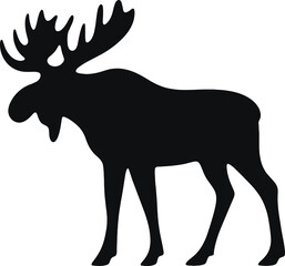 Majestic Black Silhouette of a Wild North American Moose with Large Antlers Standing Proudly, Vector Illustration for Nature, Wildlife, Hunting, and Conservation Design Projects, Isolated on White 