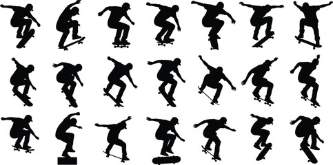 Skateboarder silhouettes collection, young man performing tricks, skateboarding, extreme sport, action, jumping, black vector illustration set.