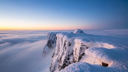 Obraz premium Breathtaking winter vista from a snow-covered cliff high above a sea of clouds during a serene and golden sunrise