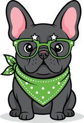 Cute Brindle French Bulldog Vector Sitting with Big Ears, Wearing Star Sunglasses and Green Neckerchief
