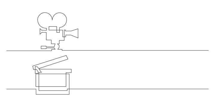 Simple and elegant monochrome continuous line vector illustration of a film camera and an open clapperboard. Minimalist concept art for video, cinema, and media production themes