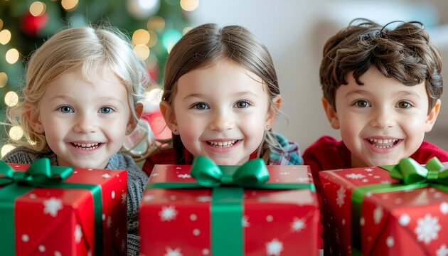 Happy children smiling and holding Christmas gifts by the holiday tree