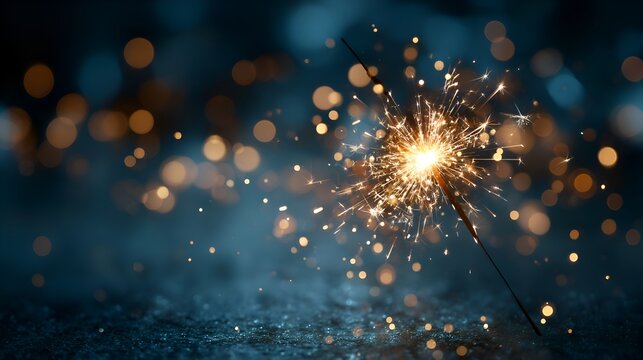 A single sparkler burns brightly with a shower of golden sparks against a dark blue and bokeh filled festive background at night time.