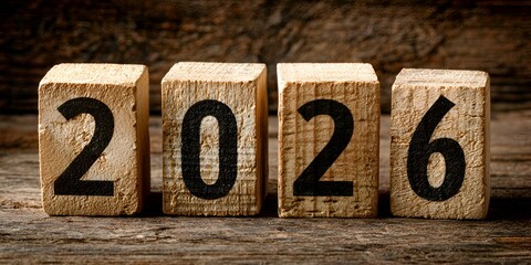 Rustic wooden blocks spell out the year 2026 sitting on weathered boards bing hope and anticipation for the future years to come.