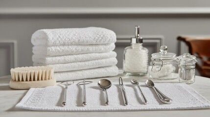 Arrangement of Spa Supplies and Hygiene Tools on Marble Surface for Relaxing Treatment and Care with Towels, Brushes, Spoons, and Containers
