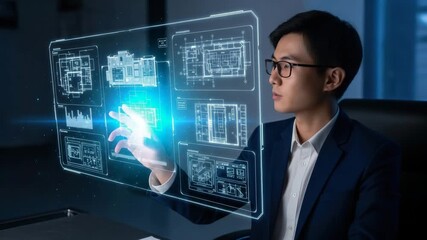 A man in a suit engages with a holographic display of building plans in an office