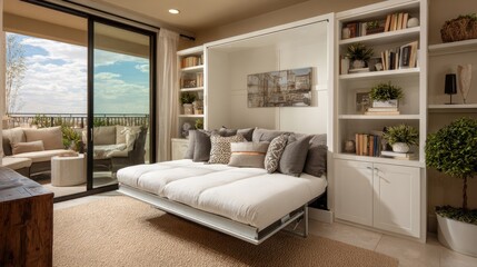 Fototapeta premium Modern Living Room with a Convertible Sofa Bed, Stylish Shelving, and Scenic Balcony View Surrounded by Cozy Interior Design Elements