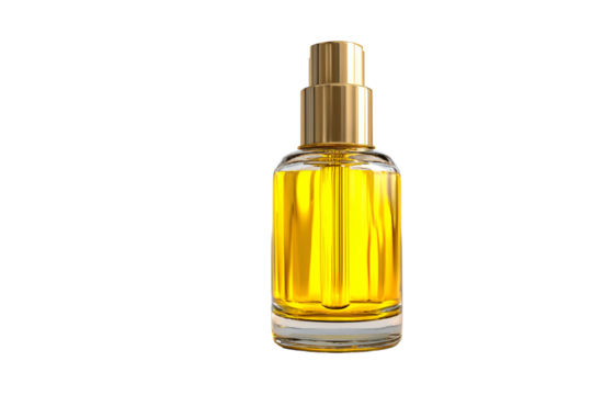 Golden liquid in a clear glass bottle with a gold pump isolated on transparent background