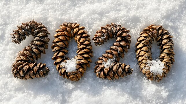 The numbers 2020 are formed from pinecones dusted with snow to celebrate the New Year in a beautiful and natural winter setting.