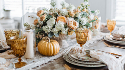 Seasonal decor with pumpkin, natural element, styled ornament and home detail arranged in an autumn setting with warm tone, classic design idea and elegant seasonal