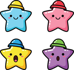 Cute Kawaii Star Characters Vector Set, Smiling and Surprised Colorful Mascots Wearing Little Hats
