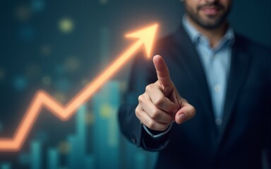 Businessman pointing to a glowing upward trend line, symbolizing growth and success in business strategies. Ideal for corporate and motivational. High quality