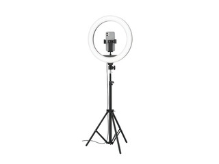 Illuminated ring light with phone holder on tripod stand isolated on transparent background
