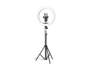 Illuminated ring light with phone holder on tripod stand isolated on transparent background