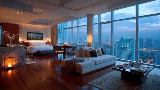Elegant modern hotel room with city skyline view, spacious interior, cozy seating area, soft lighting, and luxurious furnishings at dusk
