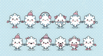 Adorable Snowflake Characters with Accessories A Charming Winter Illustration for Festive Designs