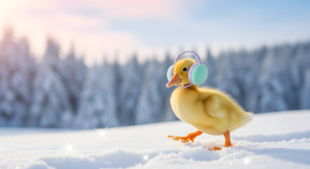 A cute yellow duckling wearing cozy mint green earmuffs takes a walk through a beautiful snowy winter wonderland landscape