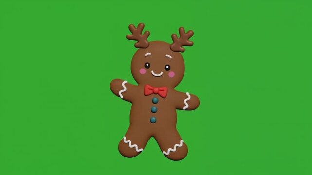 Adorable Gingerbread Man Cycle in Full Macarena Dance with Reindeer Antlers and Bow Tie Against Green Screen Background in High Angle Shot Festive Celebration