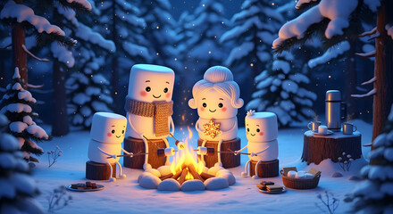 An adorable marshmallow family sharing a heartwarming moment around a cozy campfire in a snowy winter forest