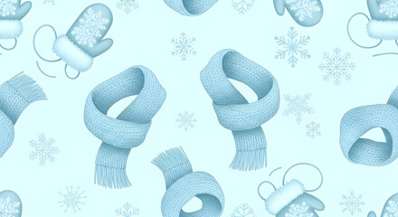 Cozy winter seamless pattern with hand-drawn light blue knitted scarves, mittens, and delicate snowflakes on a gentle background