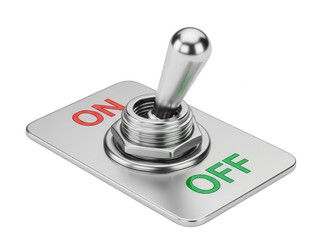 Close-up of a silver toggle switch showing both on and off states isolated on transparent background